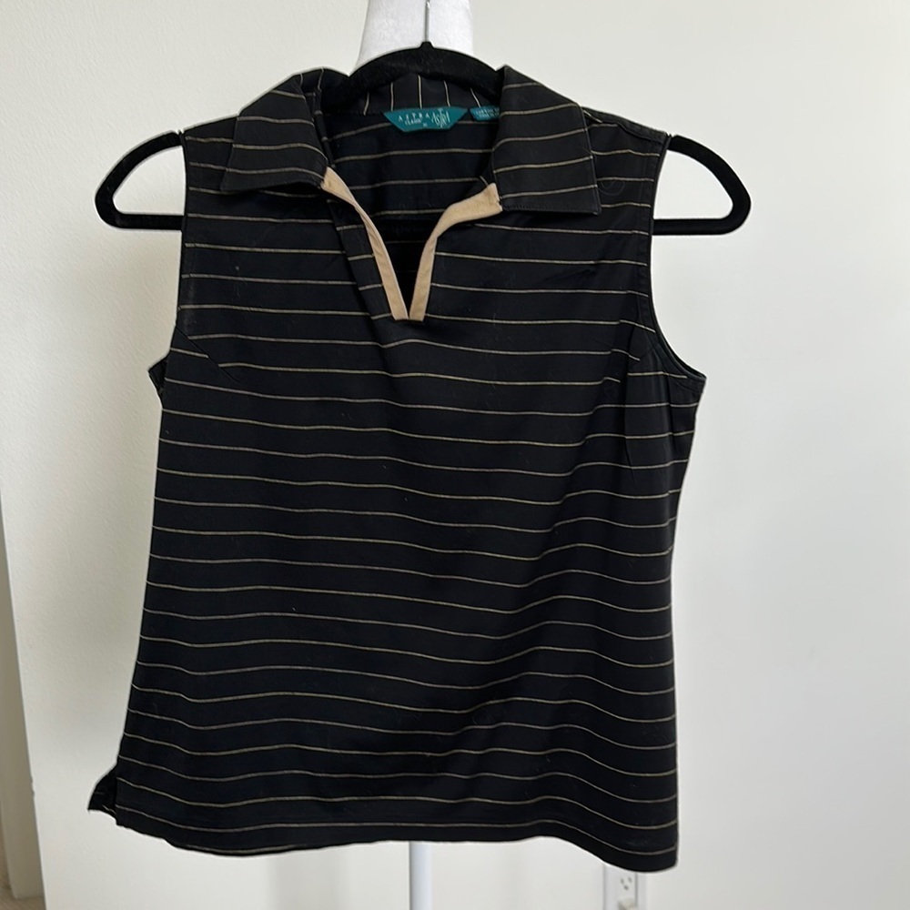 Golf shirt by ASTRA Classic size Med.  Collared, V-Neck, Sleeveless.  Black/tan